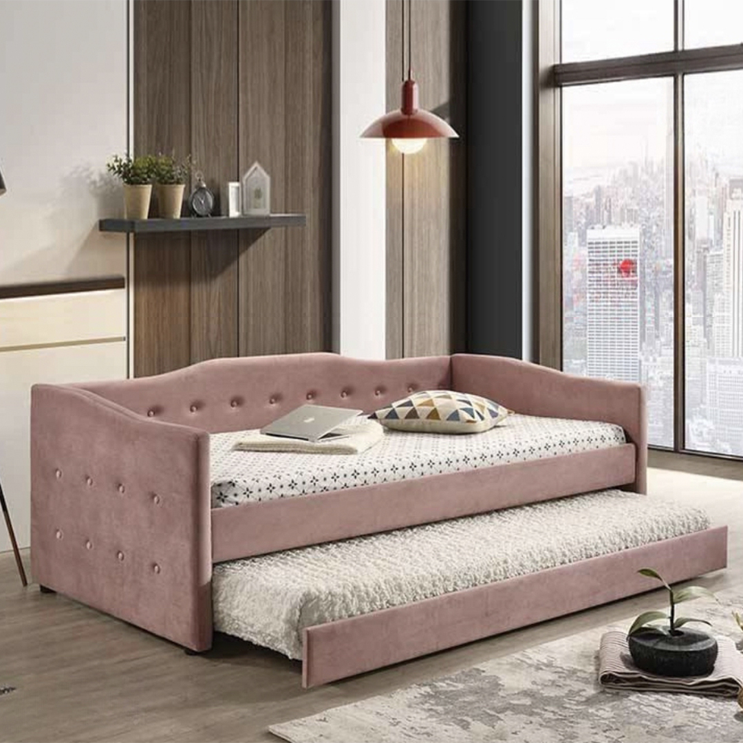 GEMMA Daybed With Trundle Pull Out Pink Velvet